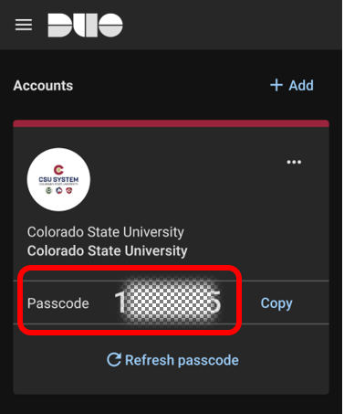 Duo Mobile App showing a 6-digit passcode to use to authenticate