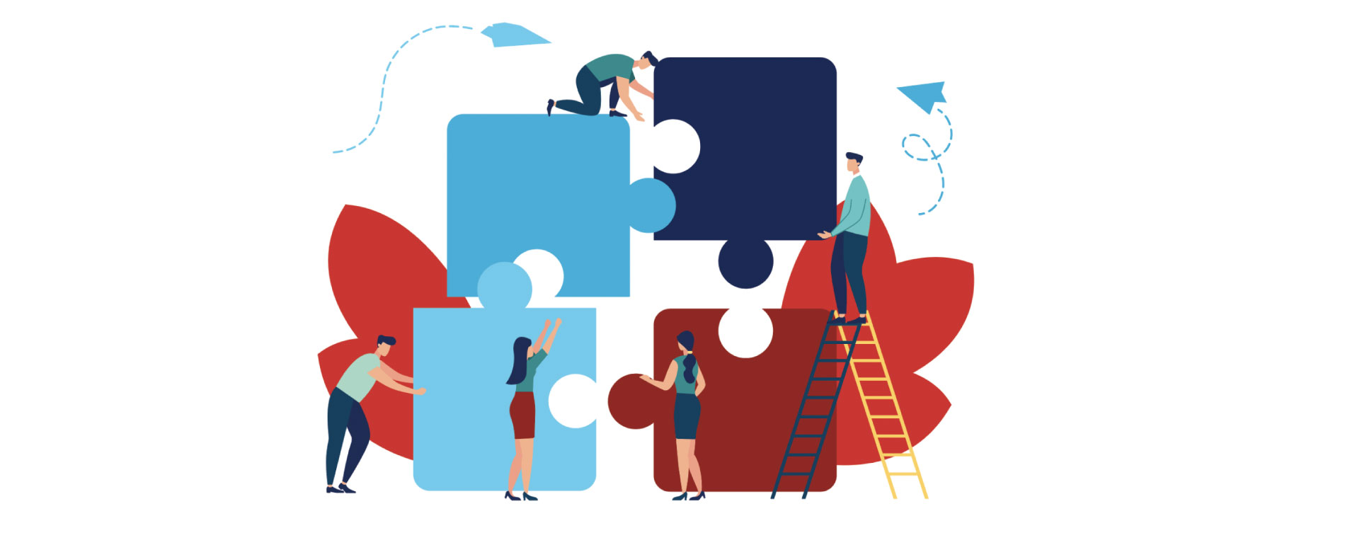 Cartoon figures of puzzle pieces in 4 different colors coming together