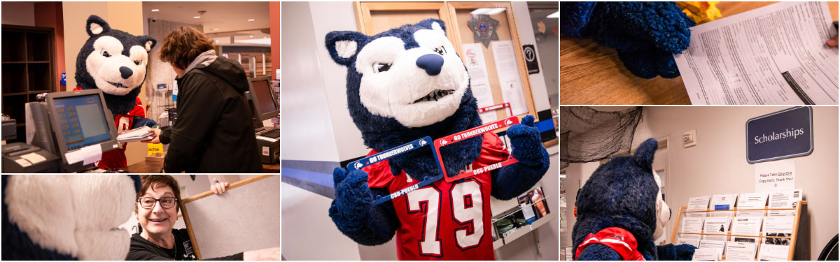 Collage of Wolfie Mascot across campus locations