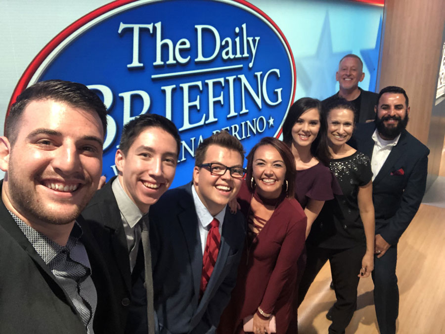 Daniel, President Mottet, and fellow mass communications students on the set of Alumna Dana Perino’s Talk show “The Daily Briefing”