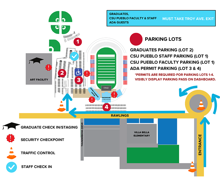 Parking and entry map for CSU Pueblo commencement