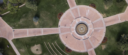 Aerial shot of campus fountain