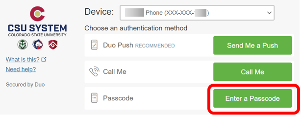 Duo Prompt Enter Passcode authentication method