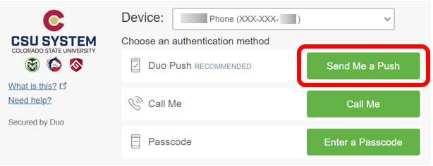 Duo Two-Factor authentication, Send Me a Push authentication method
