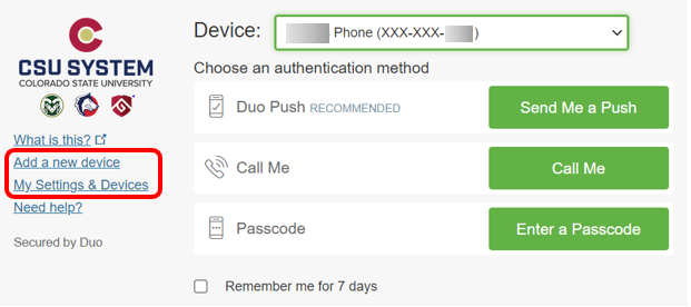 Duo Two-Factor Authentication Prompt, highlighting the "My Settings & Devices" link to display more options