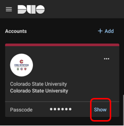 Duo Mobile App, tap "Show" to display the passcode to authenticate