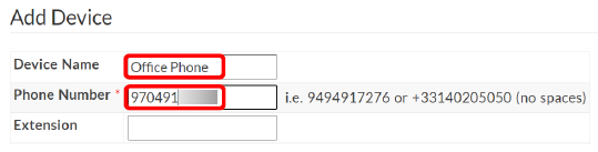 Add Device screen, Device Name is optional, Phone Number is required