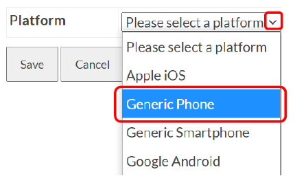 Add Device, Device Platform Drop-Down menu, options include "Apple iOS", "Generic Phone", "Google Android". Select "Generic Phone"