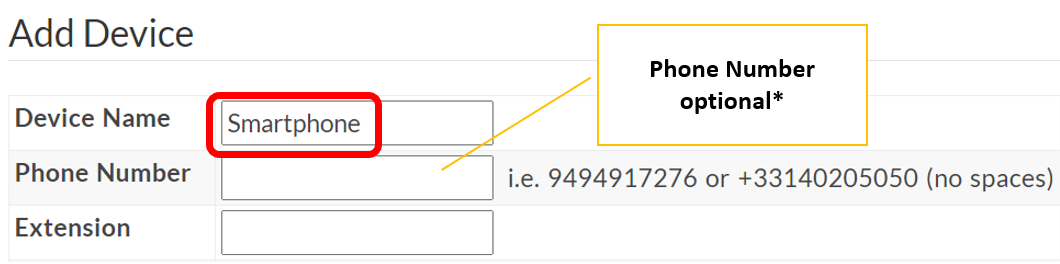 Two Factor Add Device screen, enter device name, phone number field is optional