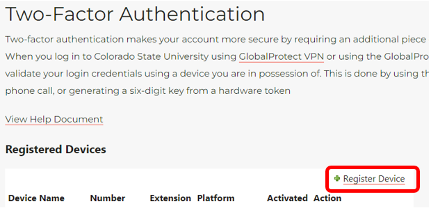 Two Factor Authentication, highlighting Register Device link