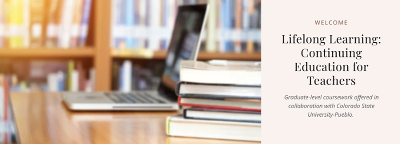 A stack of books in a library with the text next to is saying Lifelong Learning Education for Teachers