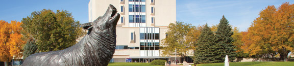 The wolf statue in front of University Plaza