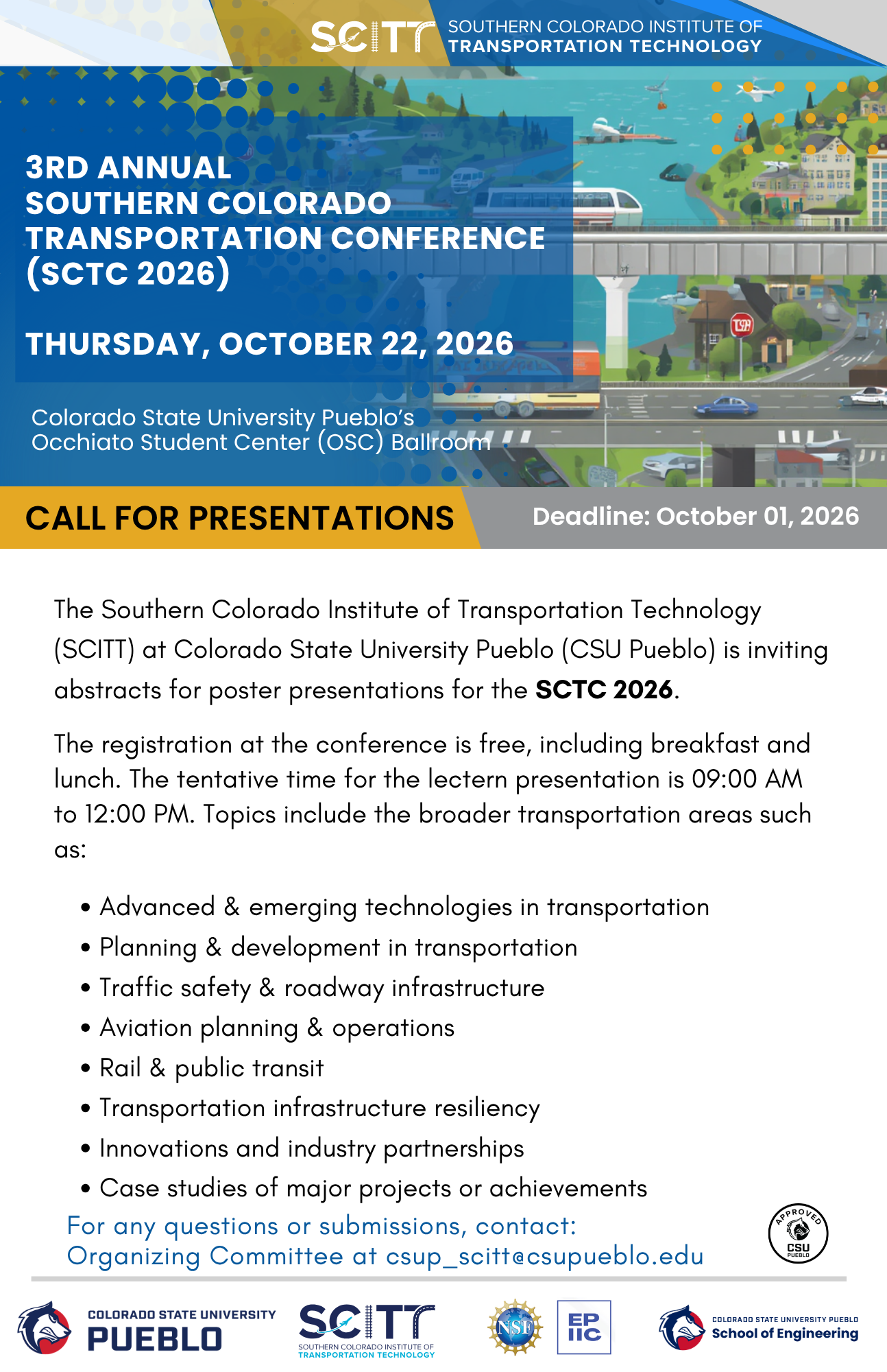 Call for Posters for the 3rd Annual Southern Colorado Transportation Conference on Thursday, October 22, 2026.