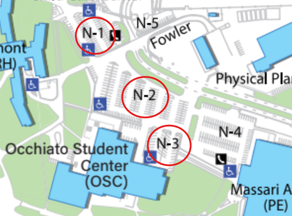Campus parking lot map showing parking areas near the conference