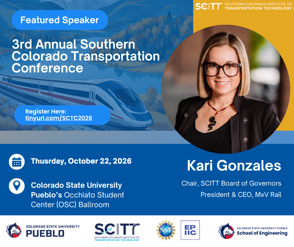 Promotional flyer for Kari Gonzales, featured speaker at the Southern Colorado Transportation Conference 2026.