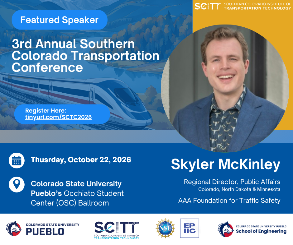 Promotional flyer for Skyler McKinley, featured speaker at the Southern Colorado Transportation Conference 2026.