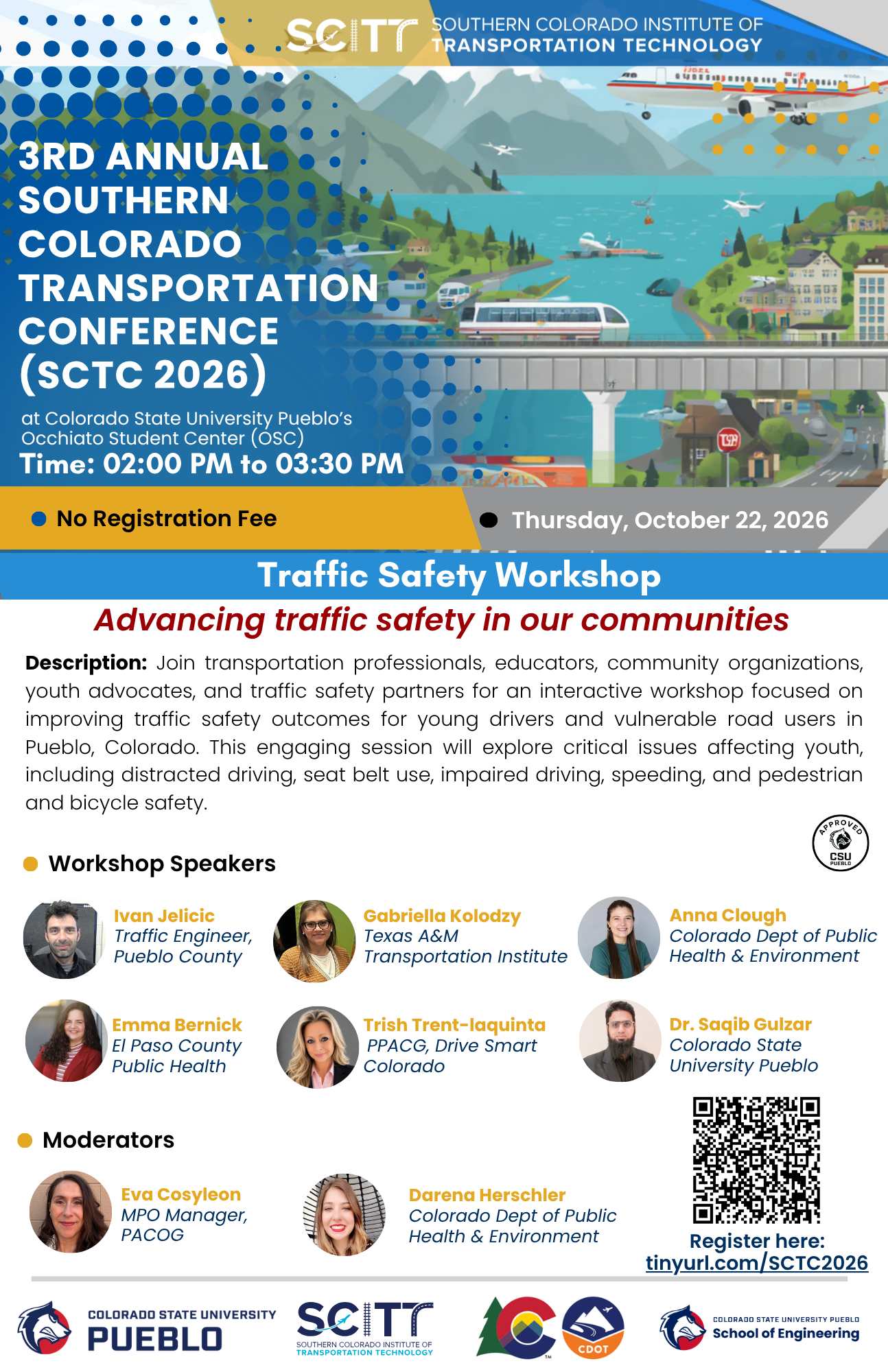 Promotional flyer for the Southern Colorado Transportation Conference 2026 Traffic Safety Workshop.