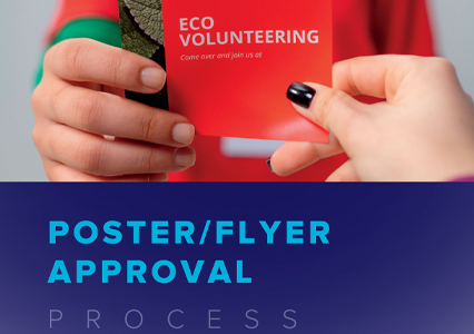two hands holding onto a brochure with the words eco volunteering, poster/flyer approval process