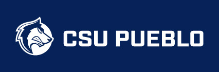White CSU Pueblo logo with blue background