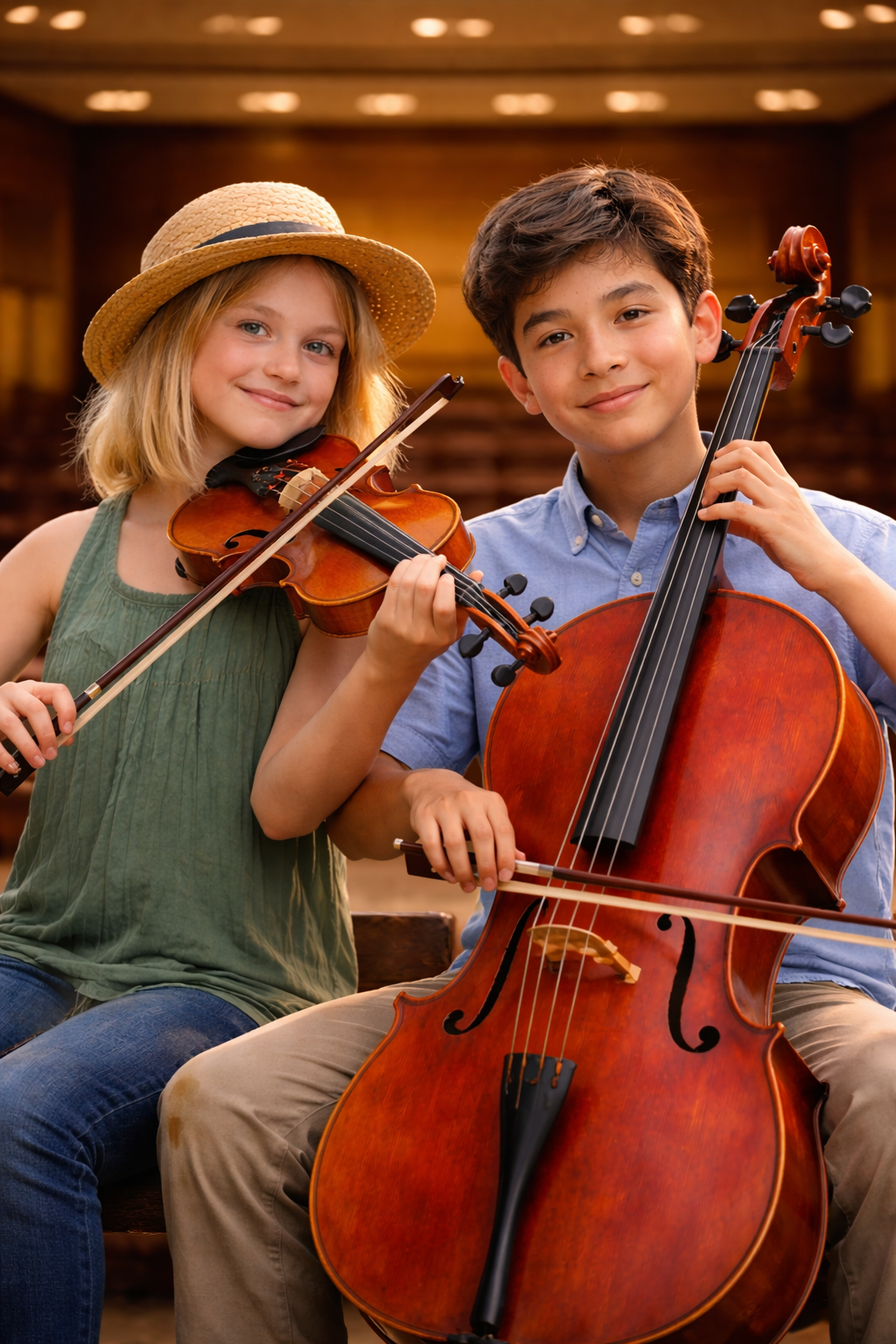 Young piano and string students performing