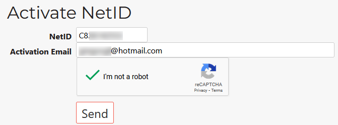 Screenshot of Account Activation: Enter activation email address and NetID