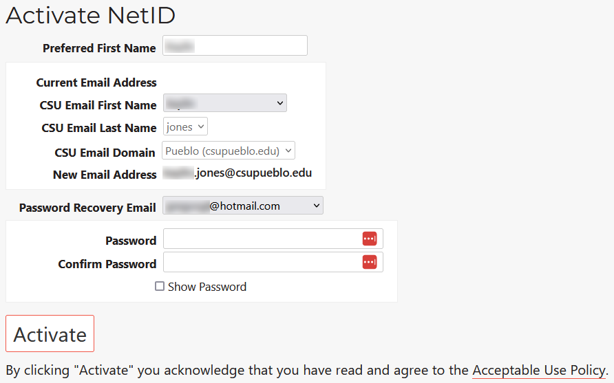 Screenshot of Account Activation: Enter preferred first name, email address, and password