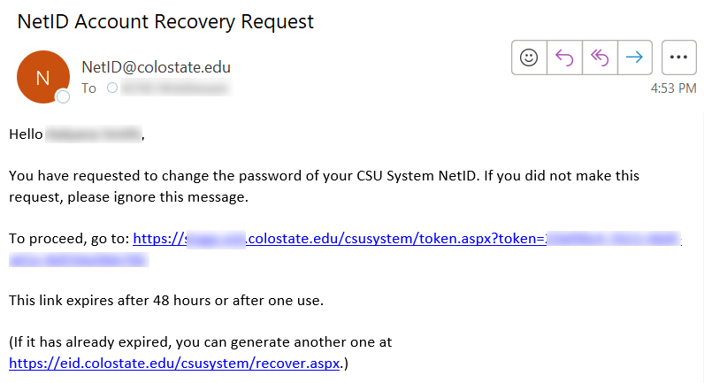 Screenshot of Password Recovery: Click link in email message