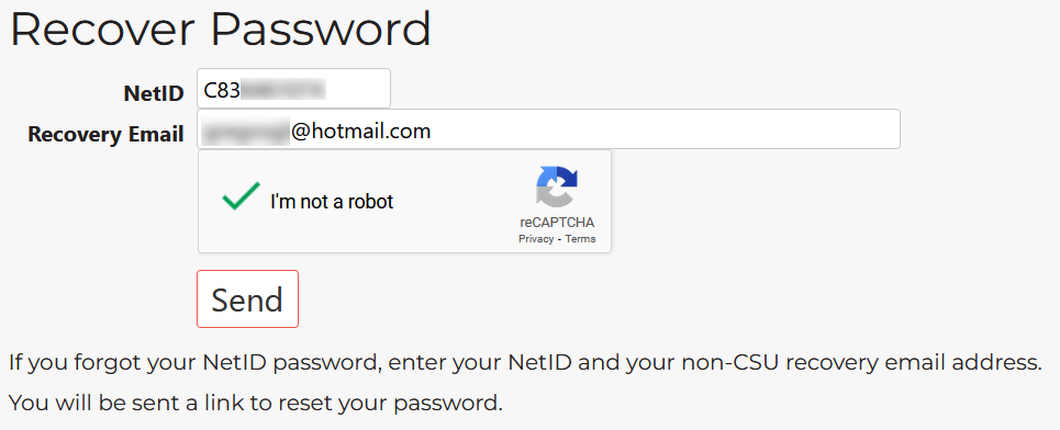 Screenshot of Password Recovery: Enter NetID and recovery email address