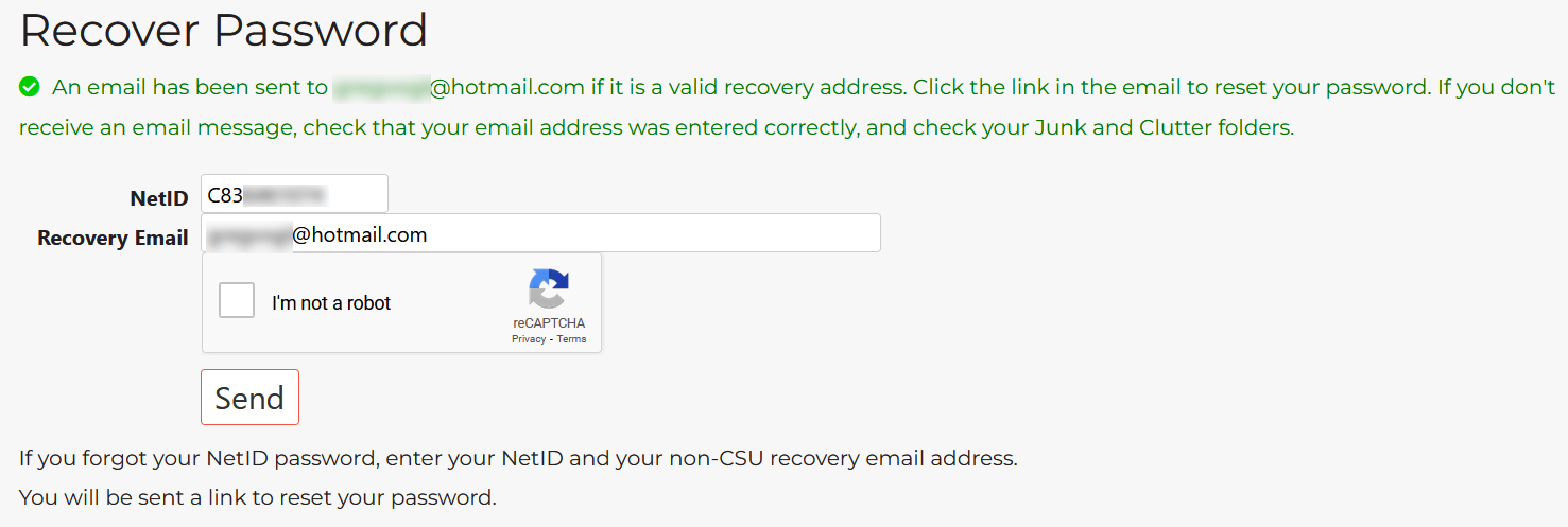 Screenshot of Password Recovery: Email is sent to your recovery address