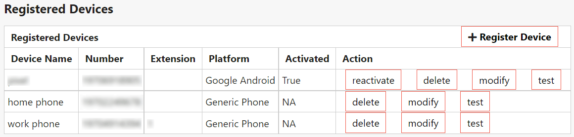 Screenshot of Registered Devices