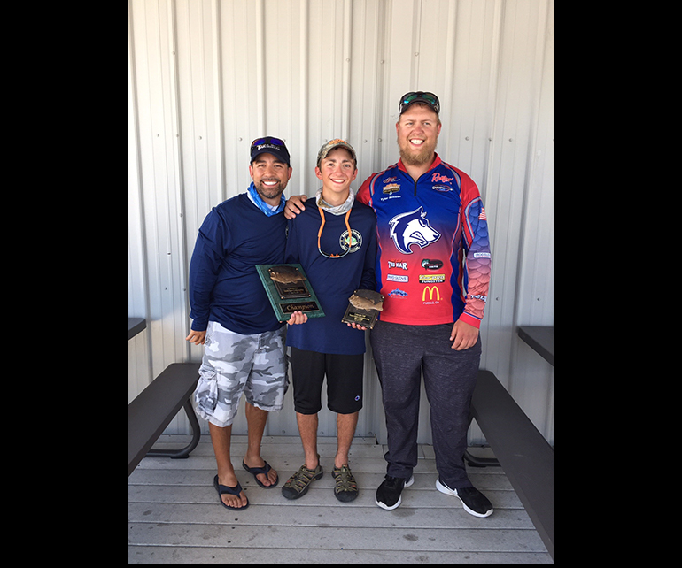 (L to R):Robert Gonzales, Jr., youth director for Southern Colorado Junior Bass Club, Dillon Robertshaw, Tyler Hassler, CSU-Pueblo Bass Club Team President