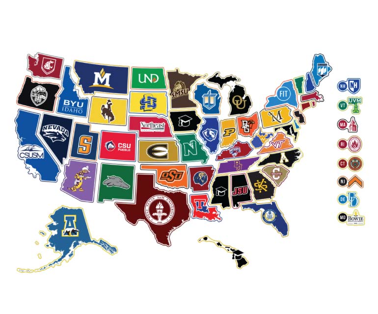 US Map with safest college campus logos in each state