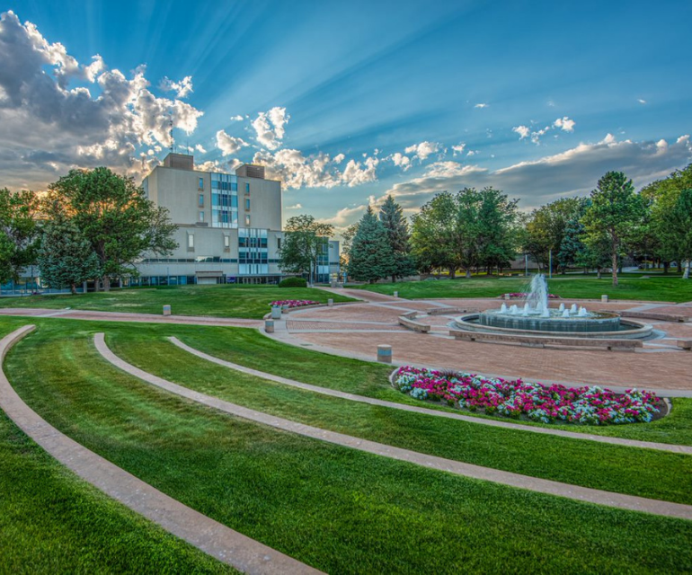 Fountain and LARC with green lawn