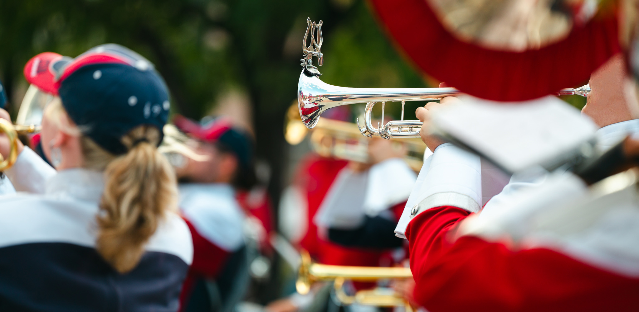 Close up of CSU Pueblo Marching band trumpet section