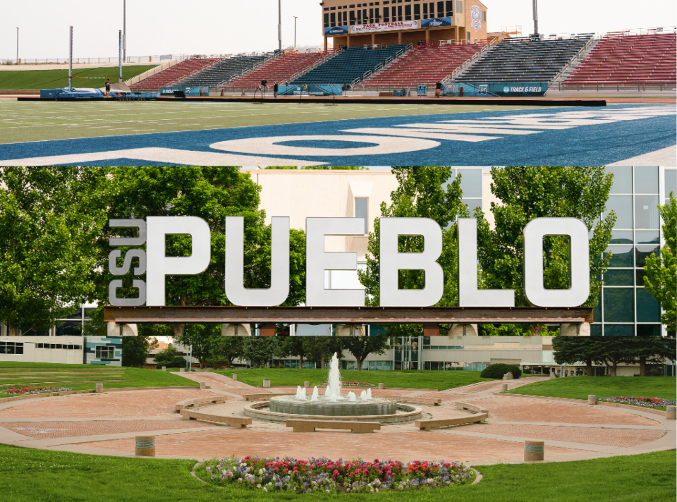 CSU Pueblo Iconic Image, Fountain and Football Field 